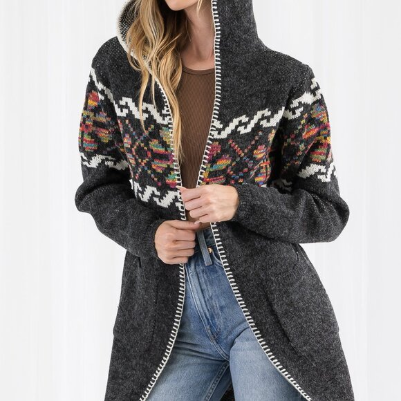 Western Cowichan Inspired Tribal Print Hooded Cardigan - Picture 5 of 11